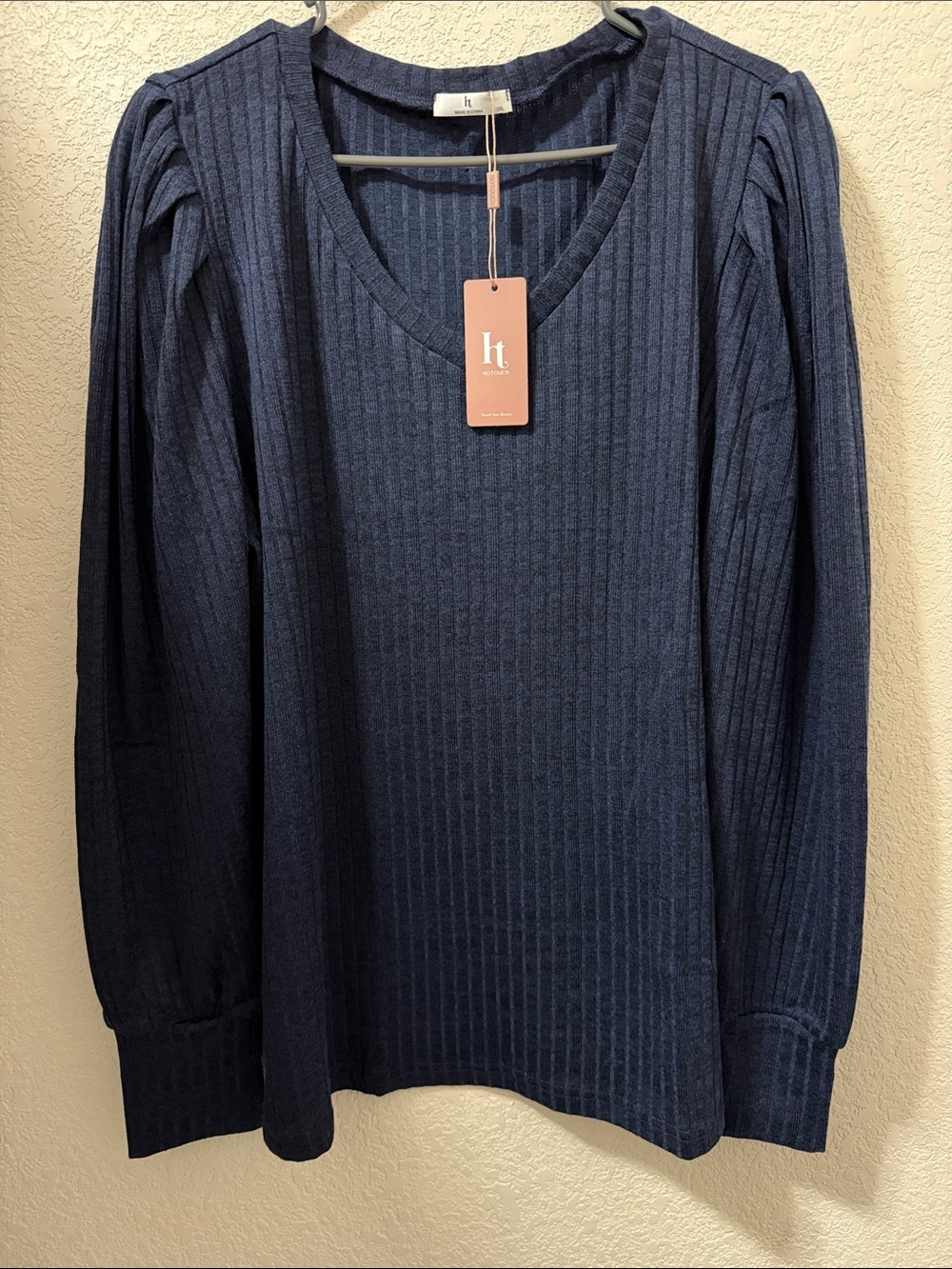HT Navy Ribbed V-Neck Women's Long Sleeve Shirt
